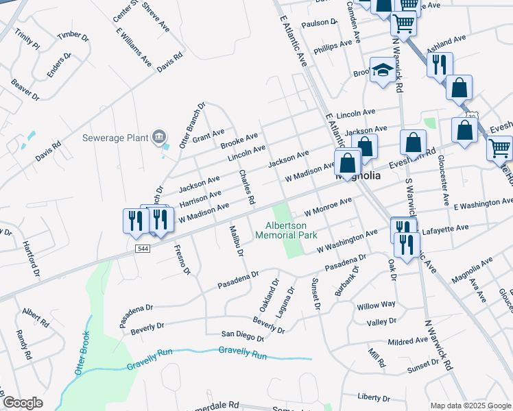map of restaurants, bars, coffee shops, grocery stores, and more near 521 Evesham Avenue West in Magnolia