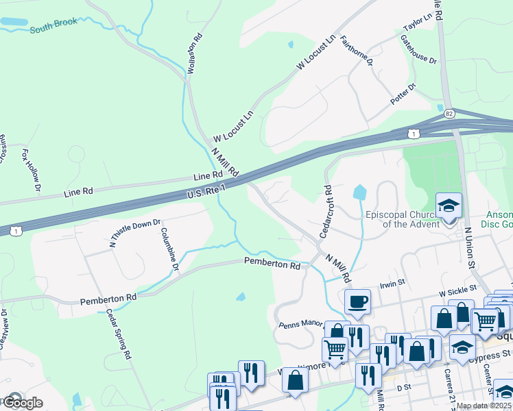 map of restaurants, bars, coffee shops, grocery stores, and more near 497 North Mill Road in Kennett Square