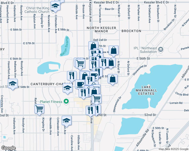 map of restaurants, bars, coffee shops, grocery stores, and more near 5535 North Keystone Avenue in Indianapolis