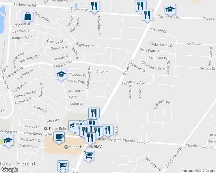 map of restaurants, bars, coffee shops, grocery stores, and more near 6746 Barbara Drive in Dayton