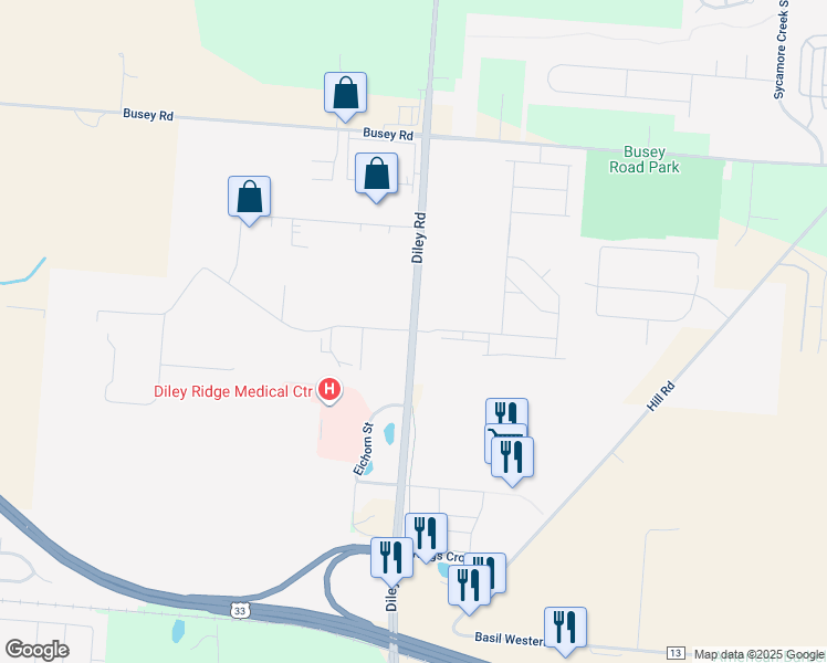 map of restaurants, bars, coffee shops, grocery stores, and more near Diley Road in Canal Winchester