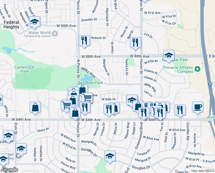 map of restaurants, bars, coffee shops, grocery stores, and more near 8675 Mariposa Street in Thornton