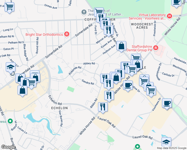 map of restaurants, bars, coffee shops, grocery stores, and more near 135 Abbey Road in Voorhees Township