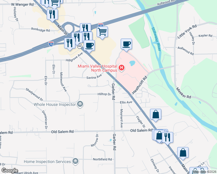 map of restaurants, bars, coffee shops, grocery stores, and more near 7321 Copperside Lane in Dayton