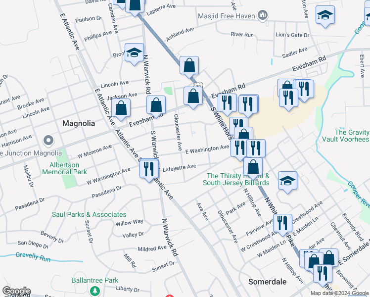 map of restaurants, bars, coffee shops, grocery stores, and more near 207 East Washington Avenue in Magnolia