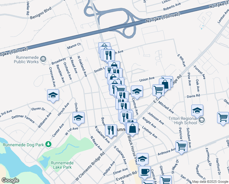 map of restaurants, bars, coffee shops, grocery stores, and more near 14 West 6th Avenue in Runnemede