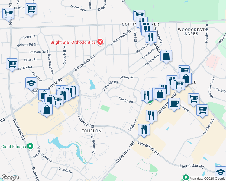 map of restaurants, bars, coffee shops, grocery stores, and more near 515 Gregorys Way in Voorhees Township
