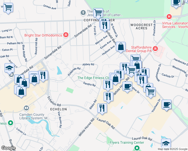 map of restaurants, bars, coffee shops, grocery stores, and more near 1476 Roberts Way in Voorhees Township