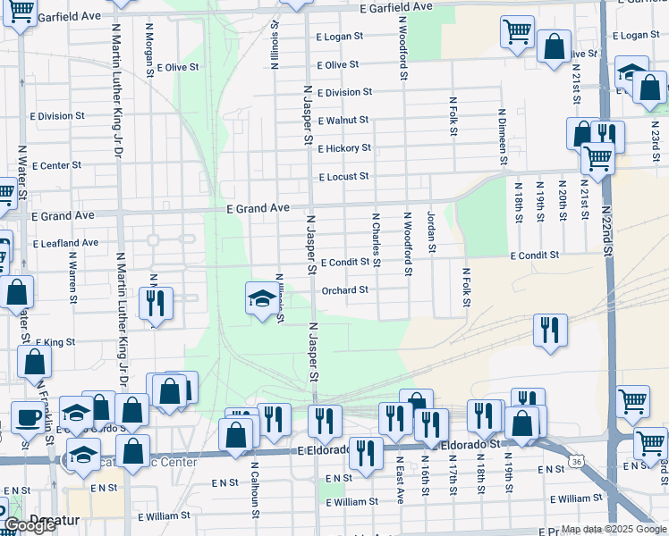 map of restaurants, bars, coffee shops, grocery stores, and more near 1101 North Lowber Street in Decatur