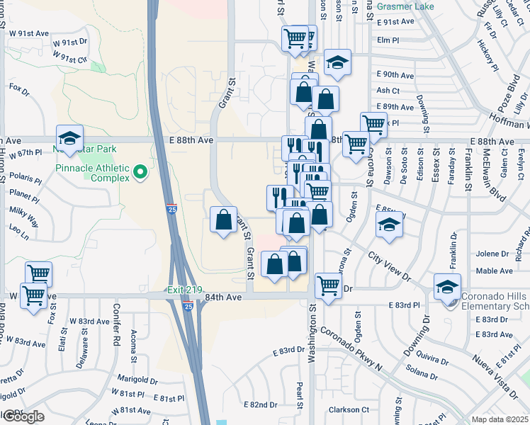 map of restaurants, bars, coffee shops, grocery stores, and more near 541 E 86th Ave in Thornton