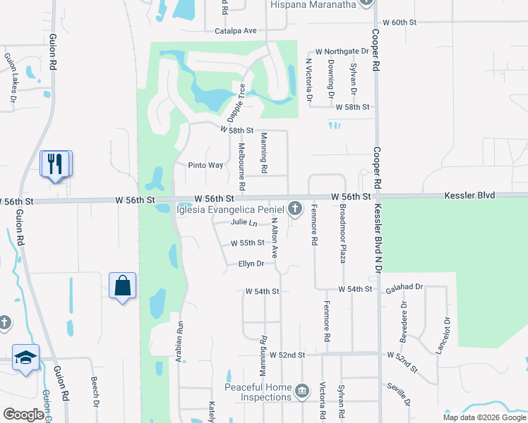 map of restaurants, bars, coffee shops, grocery stores, and more near 5563 Alameda Road in Indianapolis