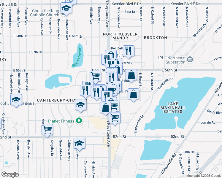 map of restaurants, bars, coffee shops, grocery stores, and more near 5522-5556 North Keystone Avenue in Indianapolis
