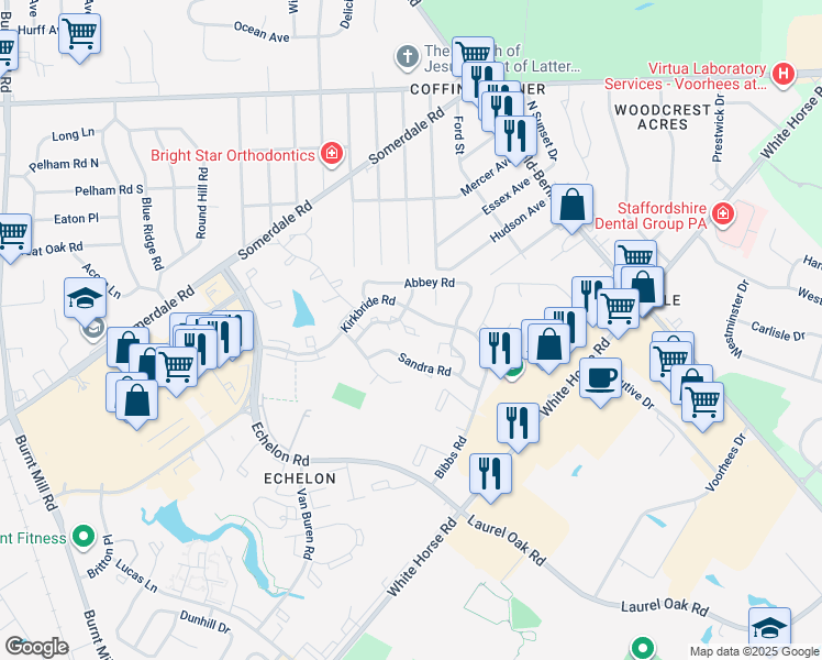 map of restaurants, bars, coffee shops, grocery stores, and more near 205 Winchester Court in Voorhees Township