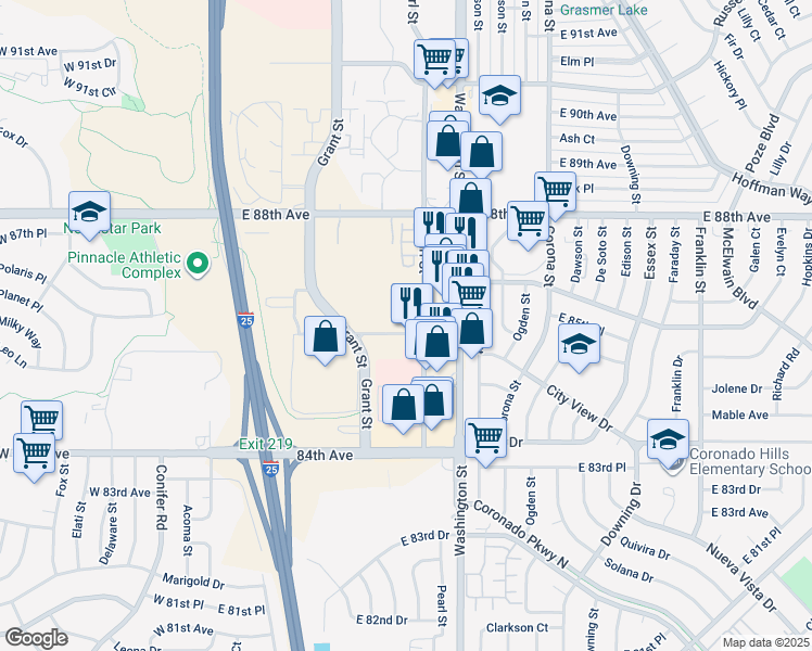 map of restaurants, bars, coffee shops, grocery stores, and more near 541 East 86th Avenue in Denver