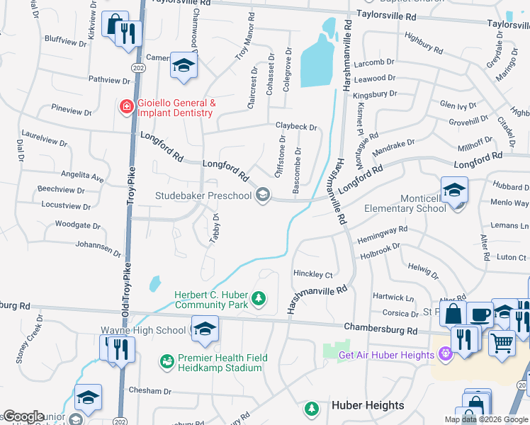 map of restaurants, bars, coffee shops, grocery stores, and more near 5950 Longford Road in Dayton