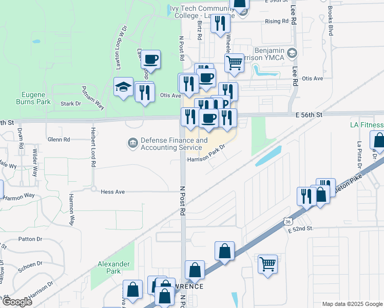 map of restaurants, bars, coffee shops, grocery stores, and more near in Lawrence