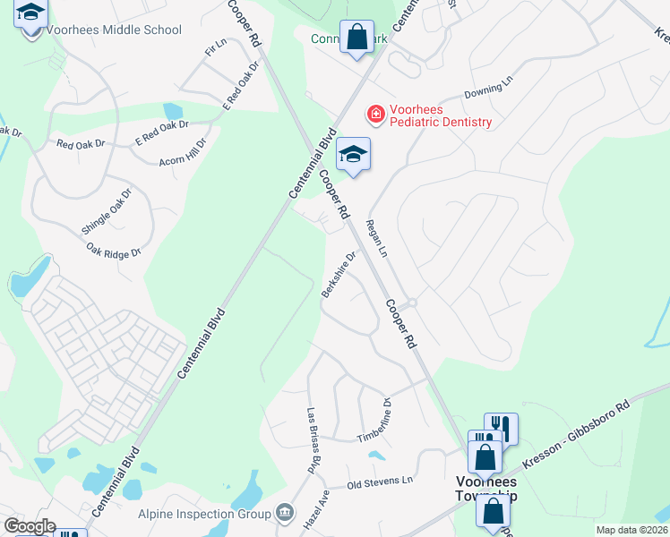 map of restaurants, bars, coffee shops, grocery stores, and more near 7 Berkshire Drive in Voorhees Township