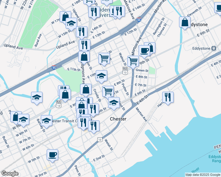 map of restaurants, bars, coffee shops, grocery stores, and more near 722 Upland Street in Chester