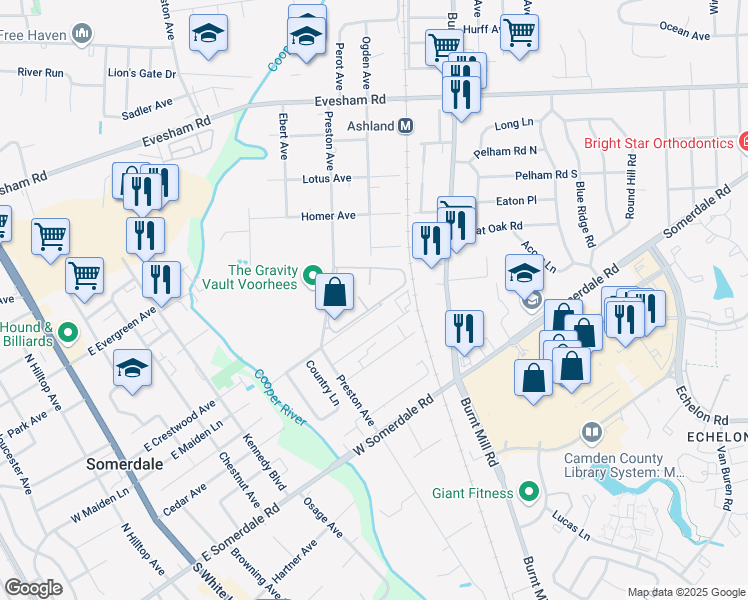 map of restaurants, bars, coffee shops, grocery stores, and more near 400 Preston Avenue in Voorhees Township