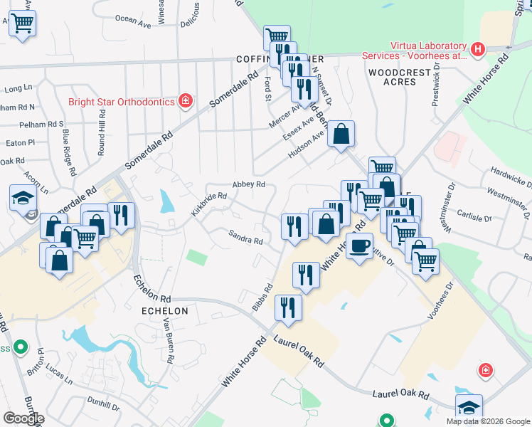 map of restaurants, bars, coffee shops, grocery stores, and more near Kirkbride Road & Roberts Way in Voorhees Township