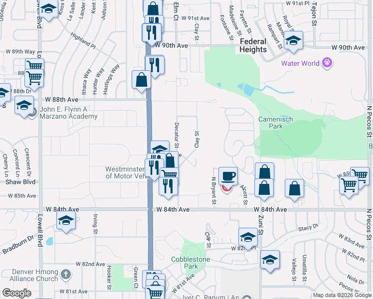map of restaurants, bars, coffee shops, grocery stores, and more near 8625 Clay Street in Westminster