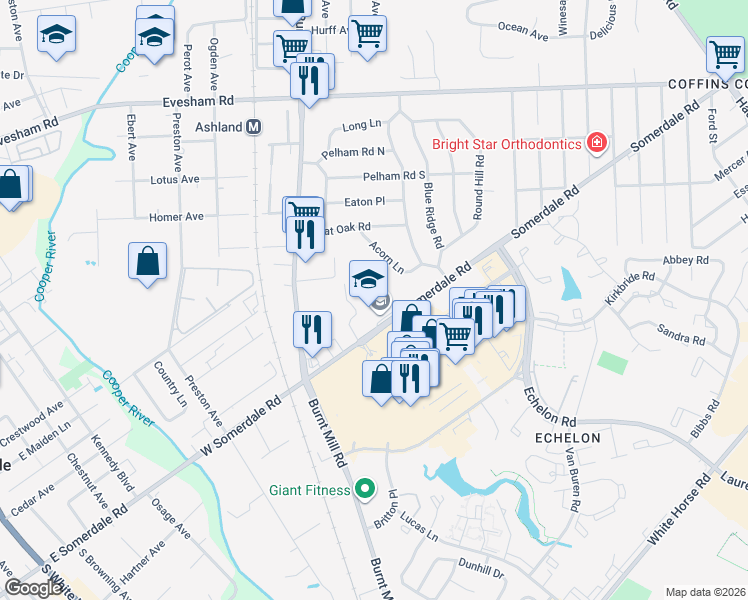 map of restaurants, bars, coffee shops, grocery stores, and more near 112 Somerdale Road in Voorhees Township
