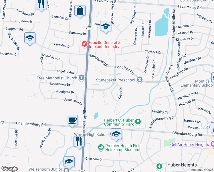 map of restaurants, bars, coffee shops, grocery stores, and more near 5715 Troy Villa Boulevard in Dayton