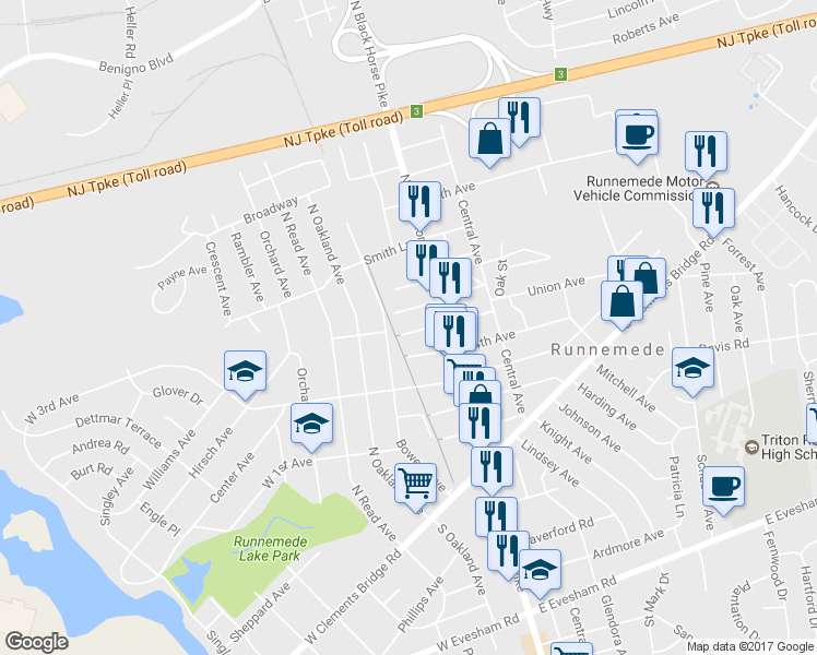 map of restaurants, bars, coffee shops, grocery stores, and more near 37 West 5th Avenue in Runnemede