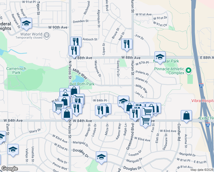 map of restaurants, bars, coffee shops, grocery stores, and more near 1075 Milky Way in Thornton
