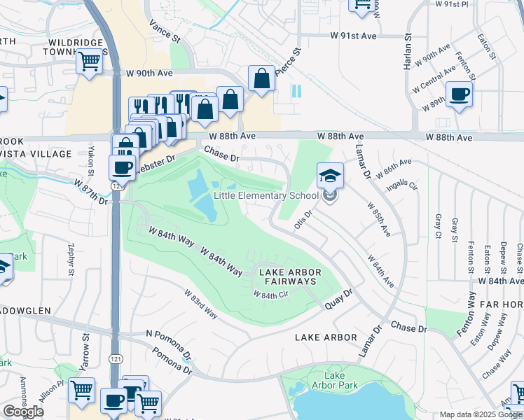 map of restaurants, bars, coffee shops, grocery stores, and more near 6946 West 87th Way in Arvada