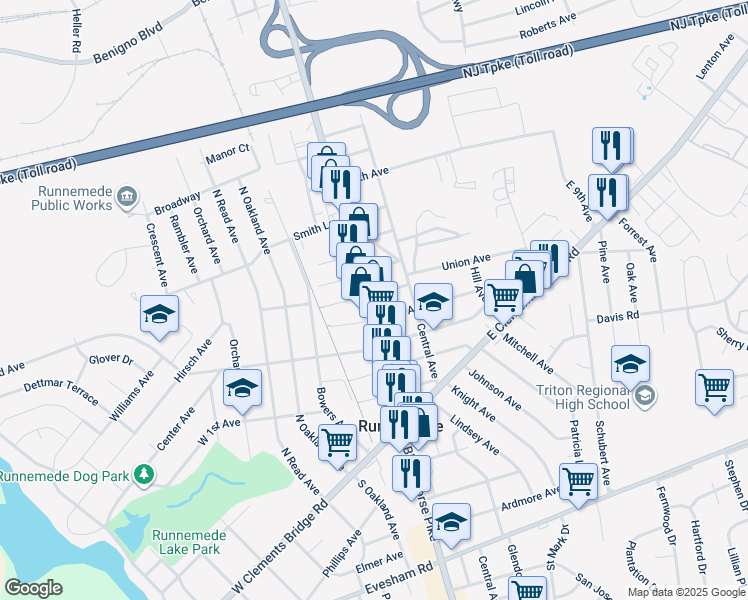 map of restaurants, bars, coffee shops, grocery stores, and more near 15 East 5th Avenue in Runnemede