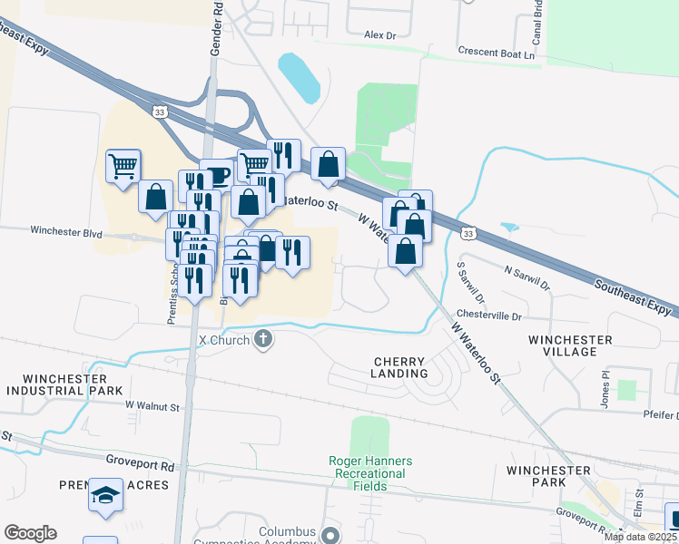 map of restaurants, bars, coffee shops, grocery stores, and more near 6772 Lakeview Circle in Canal Winchester