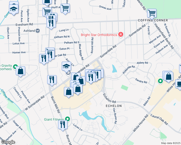 map of restaurants, bars, coffee shops, grocery stores, and more near 7000 Abitare Boulevard in Voorhees Township