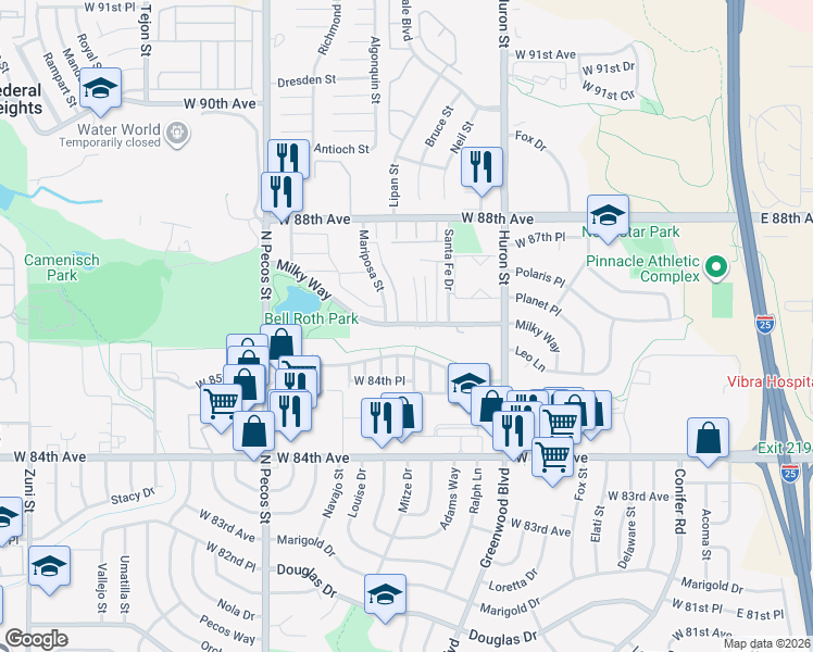 map of restaurants, bars, coffee shops, grocery stores, and more near 1075 Milky Way in Thornton