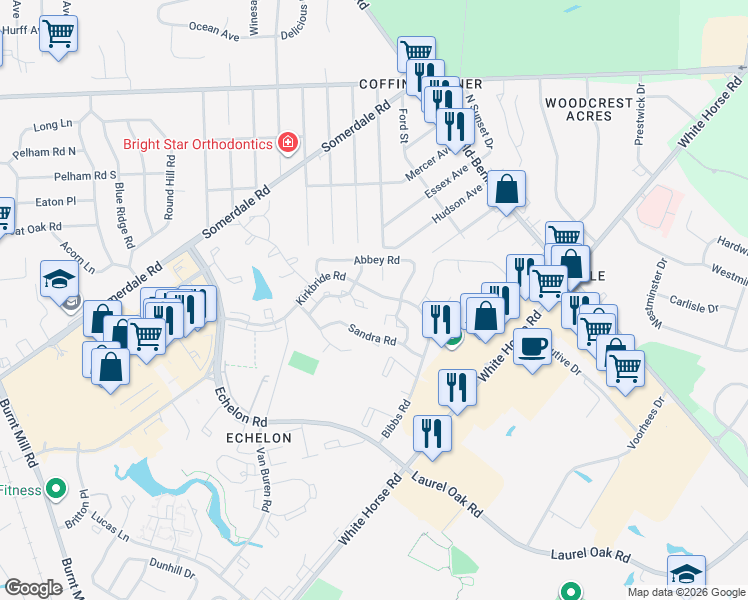 map of restaurants, bars, coffee shops, grocery stores, and more near 1005 Gregorys Way in Voorhees Township