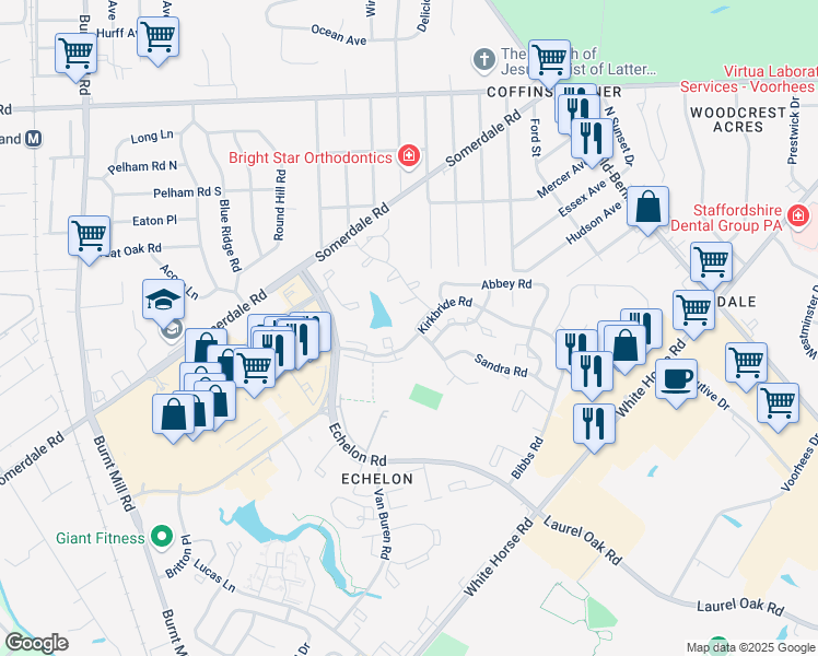 map of restaurants, bars, coffee shops, grocery stores, and more near 1154 Golden Pond Court in Voorhees Township