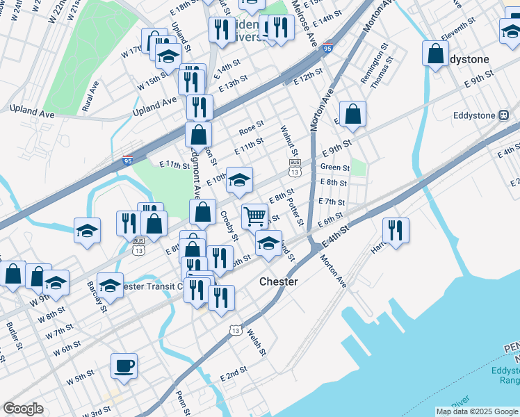 map of restaurants, bars, coffee shops, grocery stores, and more near 722 Upland Street in Chester