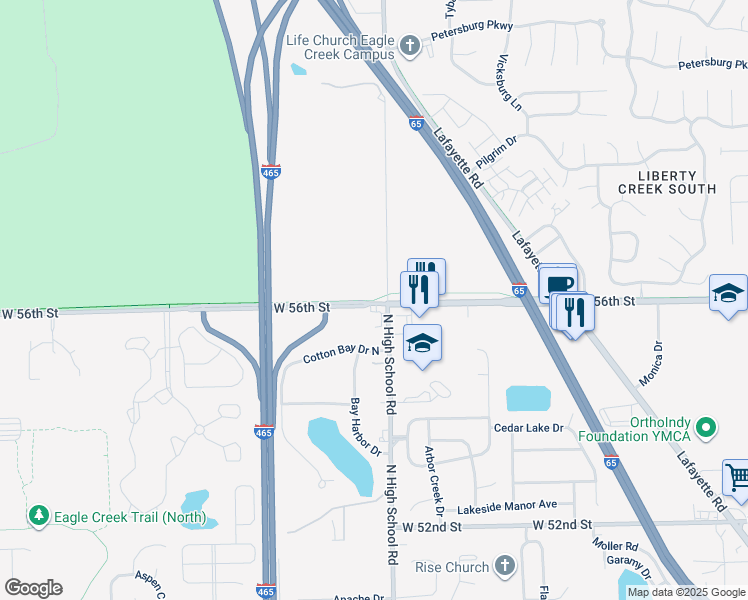 map of restaurants, bars, coffee shops, grocery stores, and more near Eagle Creek Trail in Indianapolis