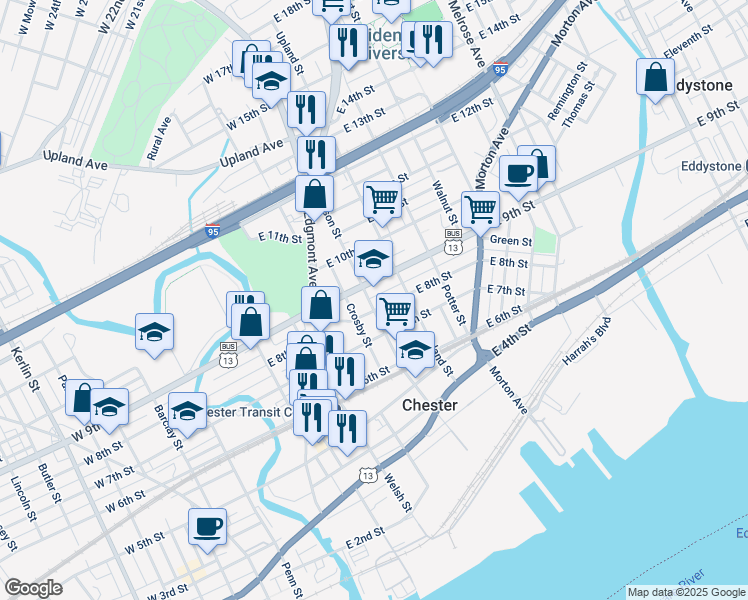 map of restaurants, bars, coffee shops, grocery stores, and more near 807 Madison Street in Chester