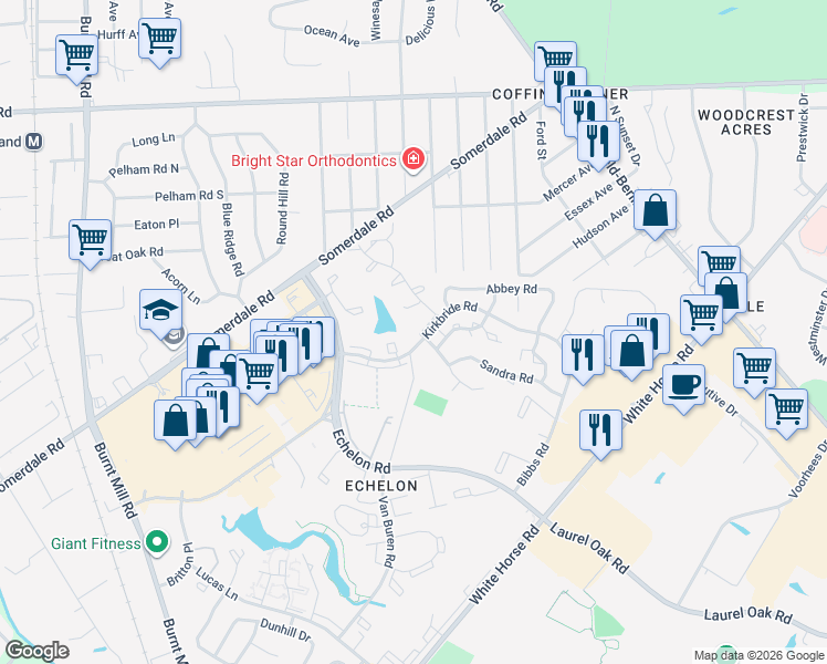 map of restaurants, bars, coffee shops, grocery stores, and more near 1144 Golden Pond Court in Voorhees Township