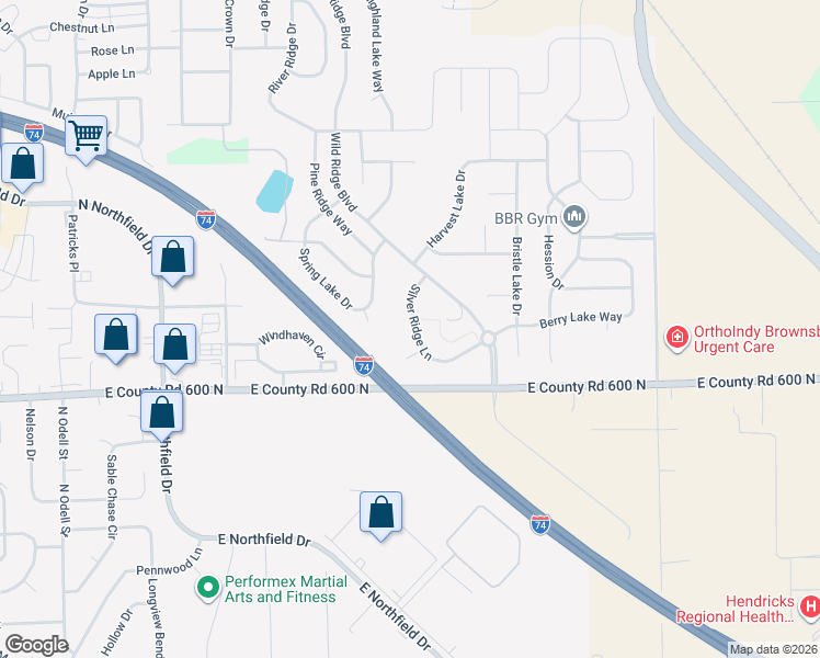 map of restaurants, bars, coffee shops, grocery stores, and more near 1237 Silver Ridge Lane in Brownsburg