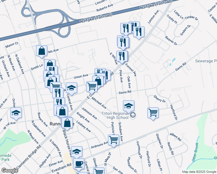 map of restaurants, bars, coffee shops, grocery stores, and more near 620 East Clements Bridge Road in Runnemede