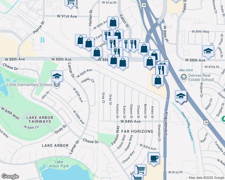 map of restaurants, bars, coffee shops, grocery stores, and more near 8579 Fenton Street in Arvada