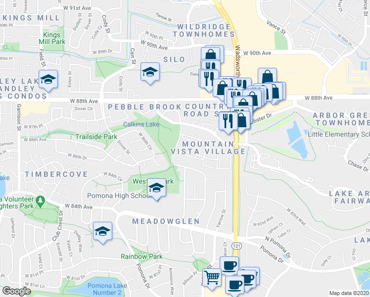 map of restaurants, bars, coffee shops, grocery stores, and more near 7770 West 87th Drive in Arvada