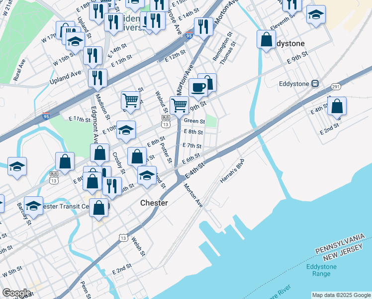 map of restaurants, bars, coffee shops, grocery stores, and more near 701 McIlvain Street in Chester