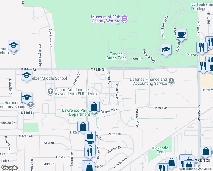 map of restaurants, bars, coffee shops, grocery stores, and more near 8106 Buford Street in Indianapolis