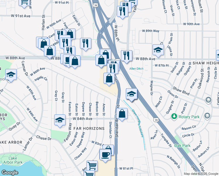 map of restaurants, bars, coffee shops, grocery stores, and more near 8601 Sheridan Boulevard in Westminster