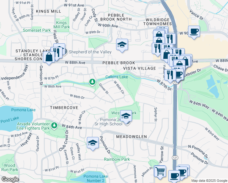 map of restaurants, bars, coffee shops, grocery stores, and more near 8636 West 86th Court in Arvada