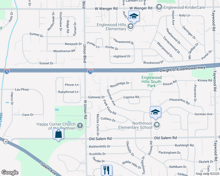 map of restaurants, bars, coffee shops, grocery stores, and more near 4005 Woodridge Drive in Englewood