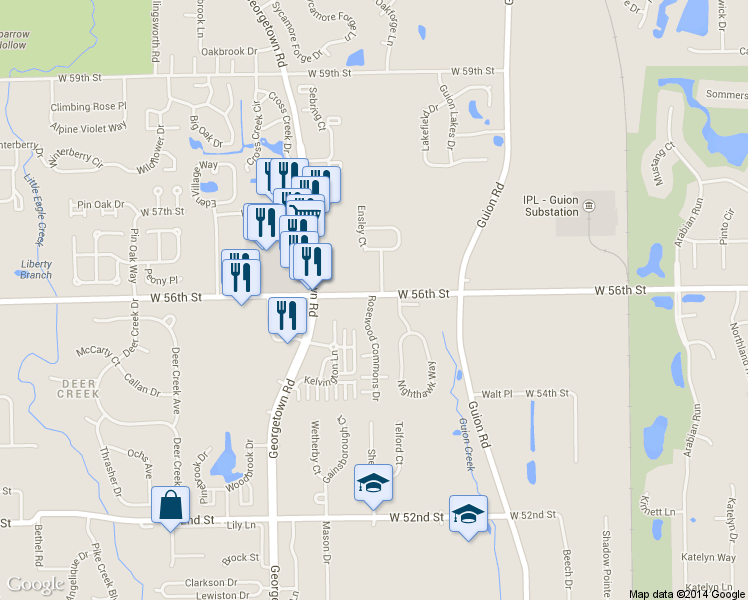 map of restaurants, bars, coffee shops, grocery stores, and more near 4510 West 56th Street in Indianapolis